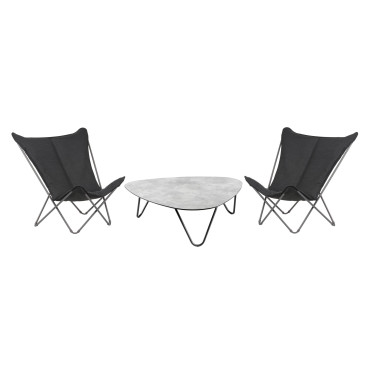Ensemble de 2 Fauteuils papillon matelassés grande largeur Sphinx avec Table basse Cocoon