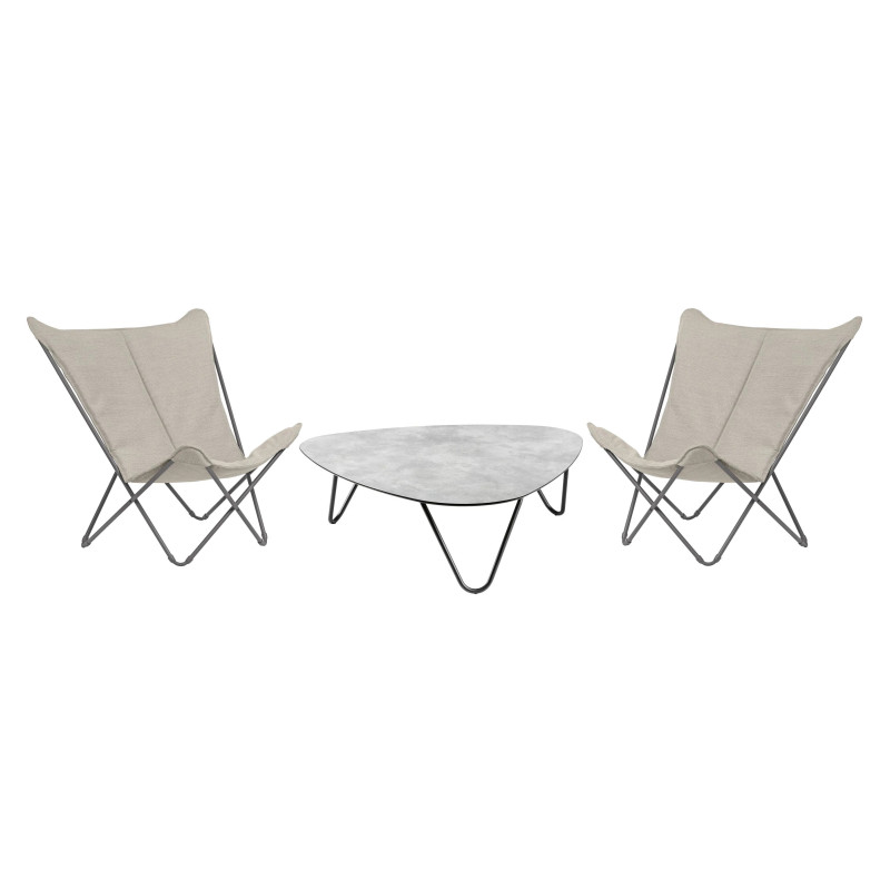 Ensemble de 2 Fauteuils papillon matelassés grande largeur Sphinx avec Table basse Cocoon