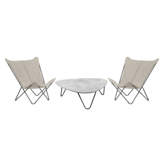 Ensemble de 2 Fauteuils papillon matelassés grande largeur Sphinx avec Table basse Cocoon