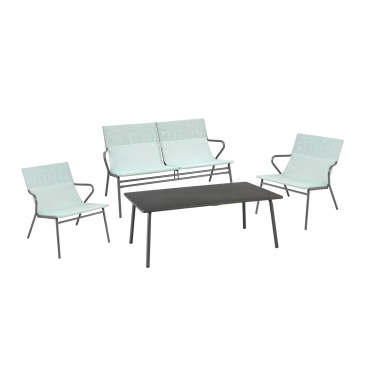 Salon de jardin avec table basse avec 1 banquette assise et 2 Fauteuils bas assise