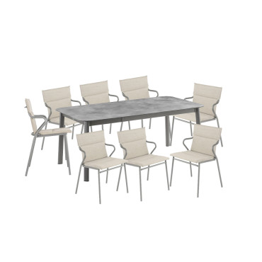 Ensemble 1 table de jardin HPL 8 à 10 personnes et 8 fauteuils de jardin Ancône Hedona